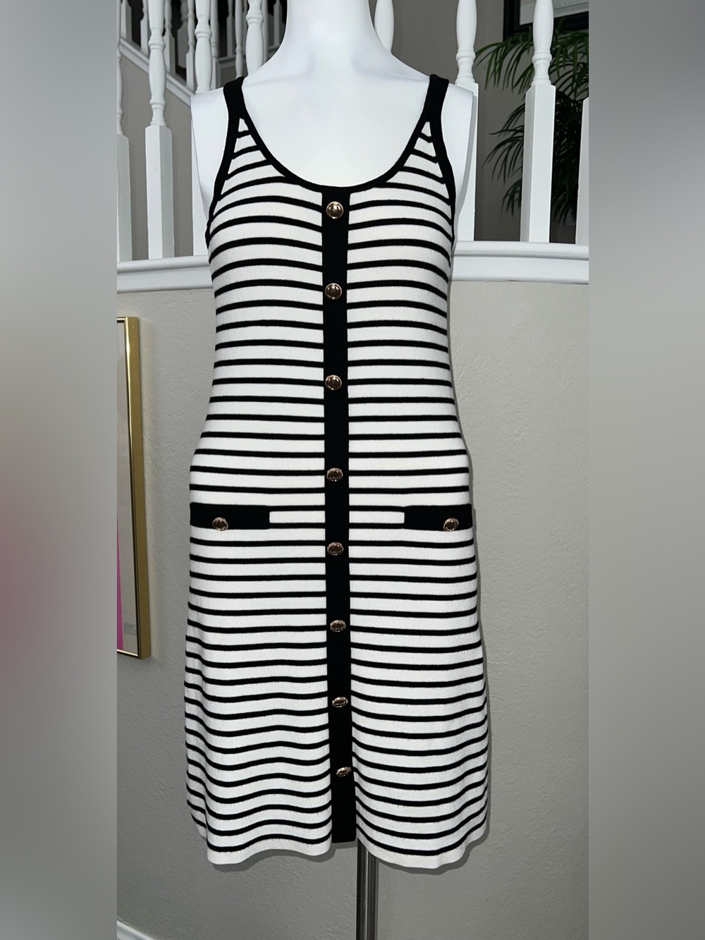Loft Women’s Black & White Striped Button-Front Dress
